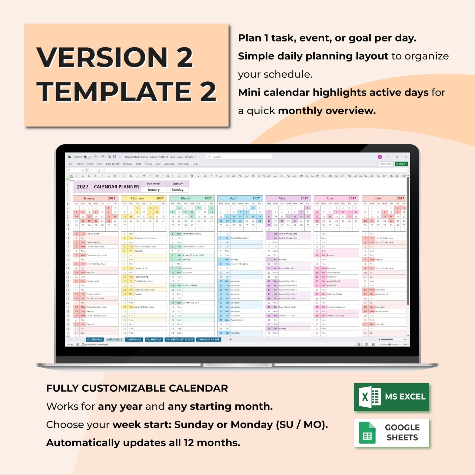Full Year Organizer Bundle – 4 Year at a Glance Calendar Templates + Bonus Printable Calendar - Image 3