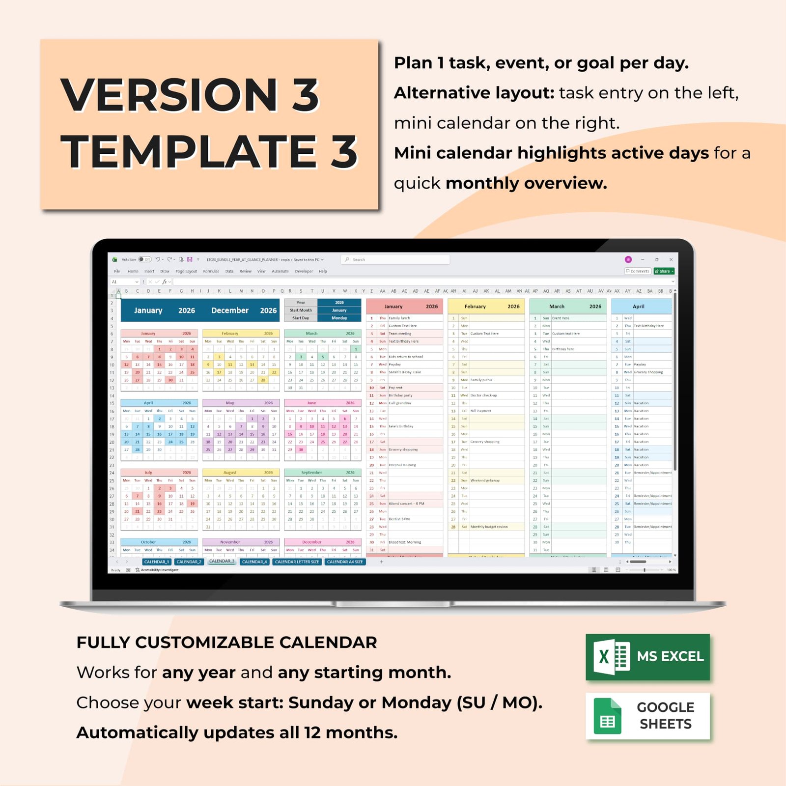 Full Year Organizer Bundle – 4 Year at a Glance Calendar Templates + Bonus Printable Calendar - Image 4