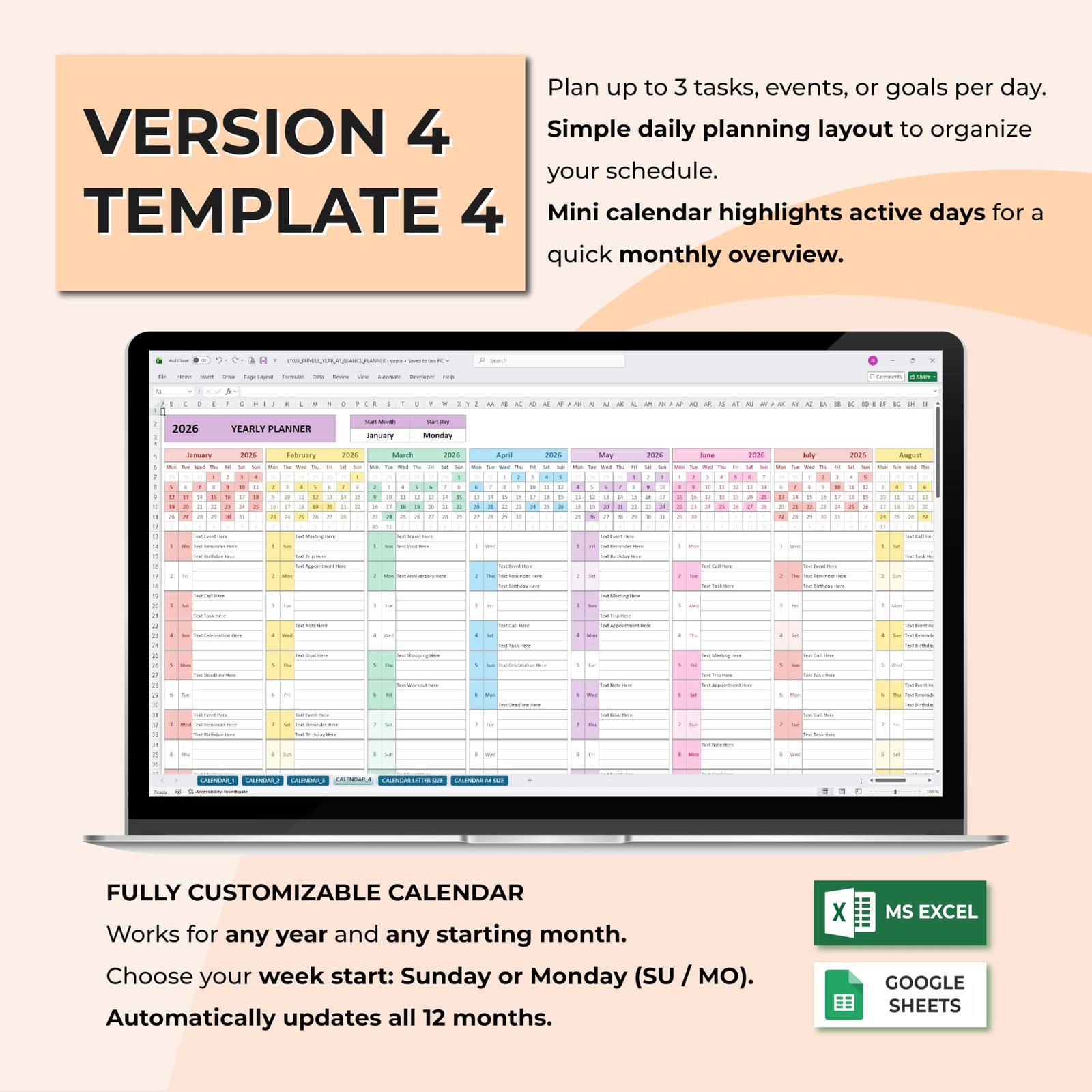 Full Year Organizer Bundle – 4 Year at a Glance Calendar Templates + Bonus Printable Calendar - Image 5