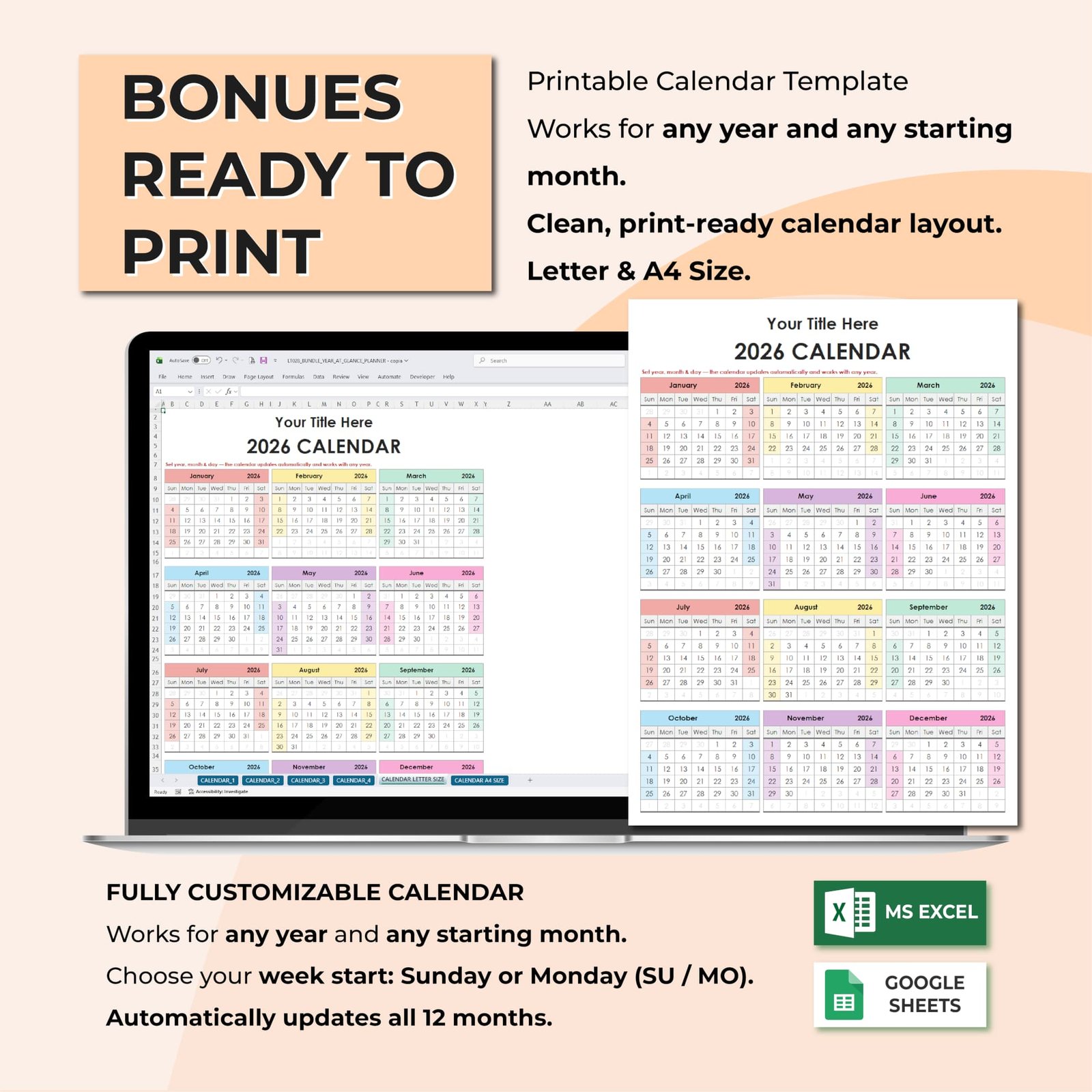 Full Year Organizer Bundle – 4 Year at a Glance Calendar Templates + Bonus Printable Calendar - Image 6
