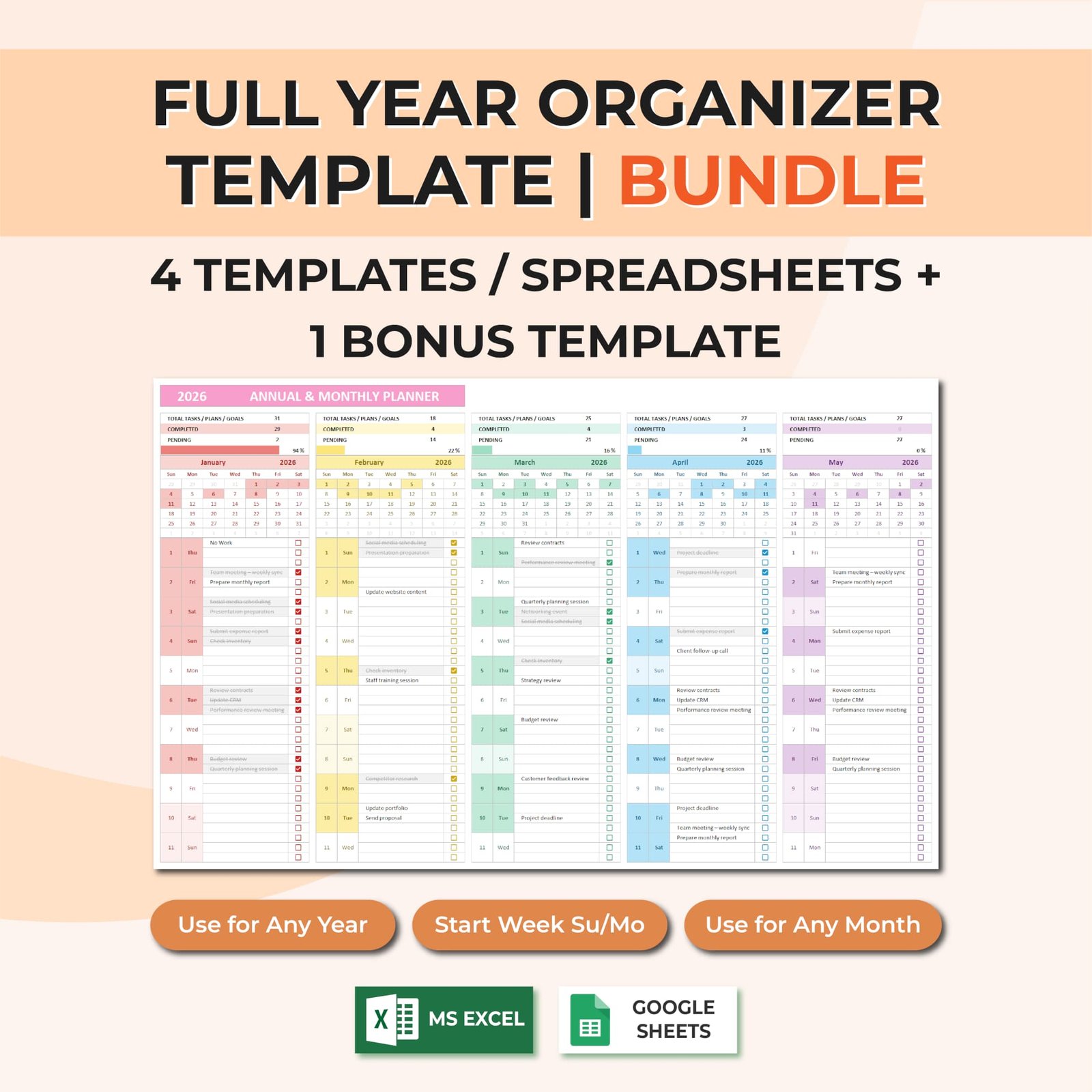 Full Year Organizer Bundle – 4 Year at a Glance Calendar Templates + Bonus Printable Calendar