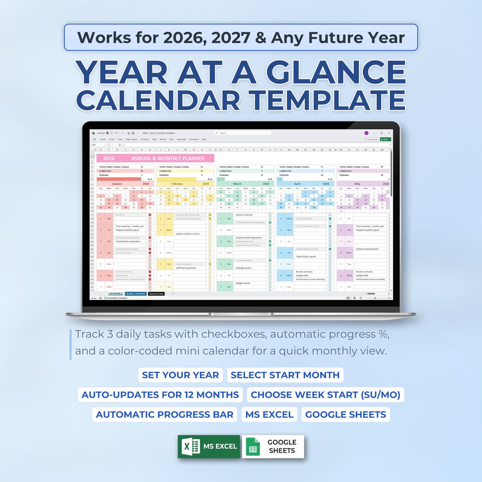Year at a Glance Calendar Planner – Template 1